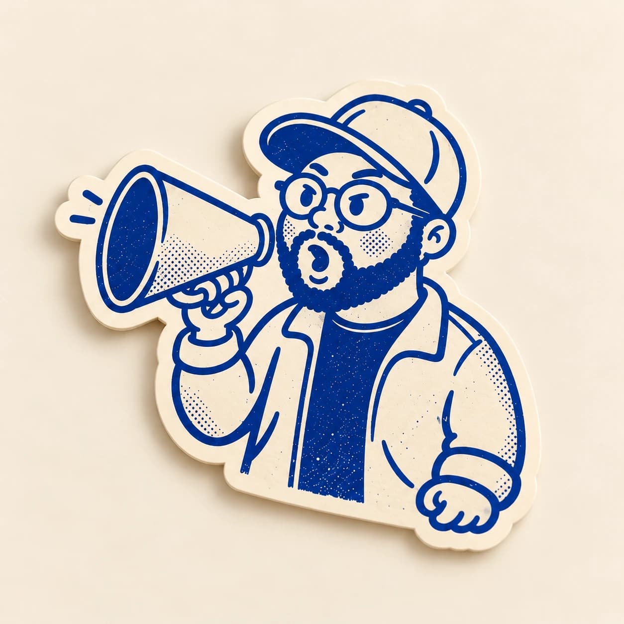 Megaphone mascot sticker in cobalt on ivory