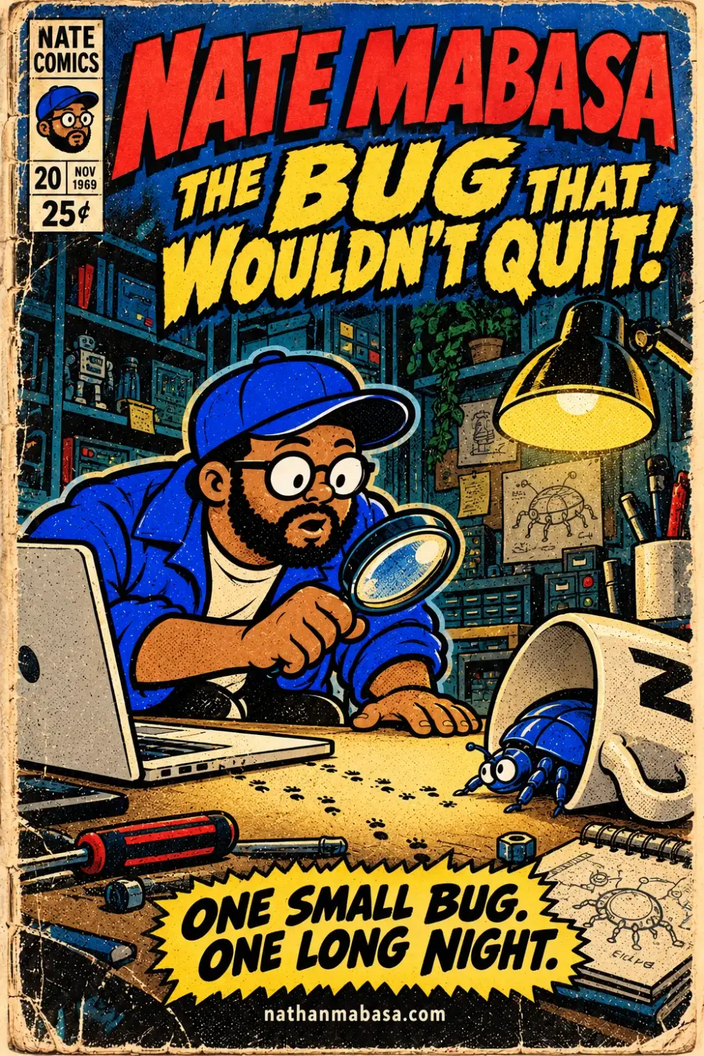 Nate Comics cover art for issue #05: The bug that wouldn't quit: finding the commit that broke it with git bisect